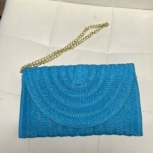 sol and mer blue woolen Clutch in handwoven crochet raffia